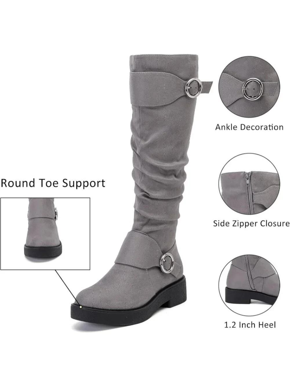Women's Grey  Leather Rubber Slouchy Knee High Comfortable Stylish Tall Boots